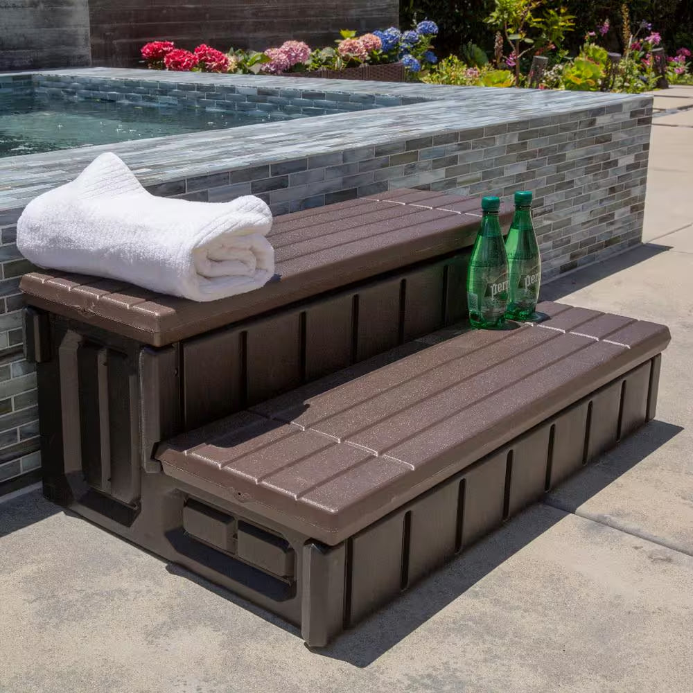 36 In. Brown Universal Resin Spa and Hot Tub Steps with Storage Compartments for above Ground Pool