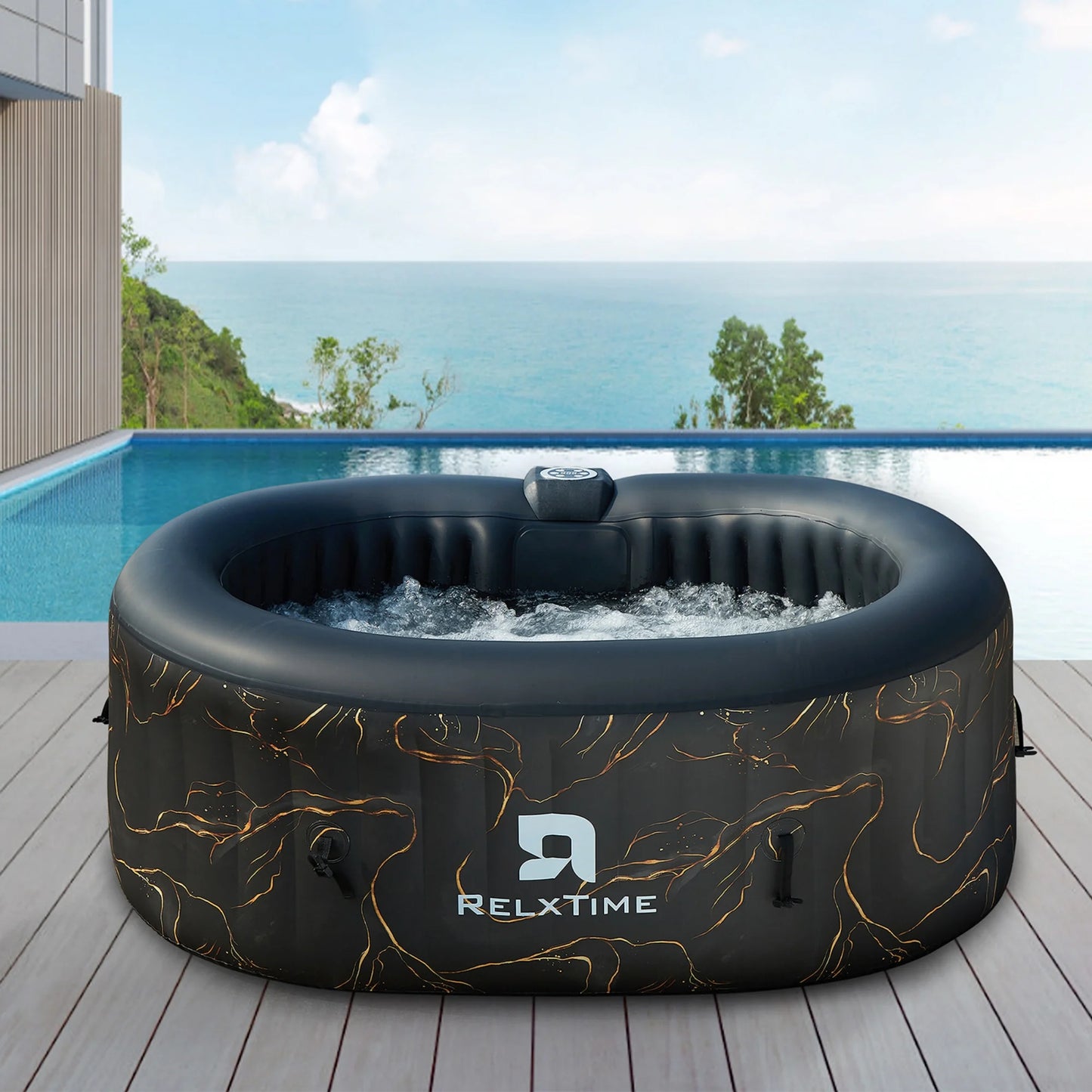 2 Person Oval Inflatable Hot Tub Set Outdoor Spa with 100 Massage Jets, LED Light , Black