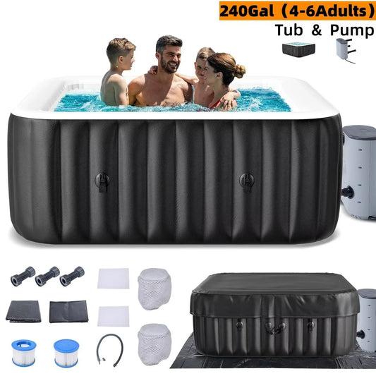 Inflatable Hot Tub, 73” X 73” X 25” Portable Blow up Hot Tub Square for 4-6 Person，Portable Outdoor Spa with 130 Bubble Jets and Built in Heater Pump, Filter