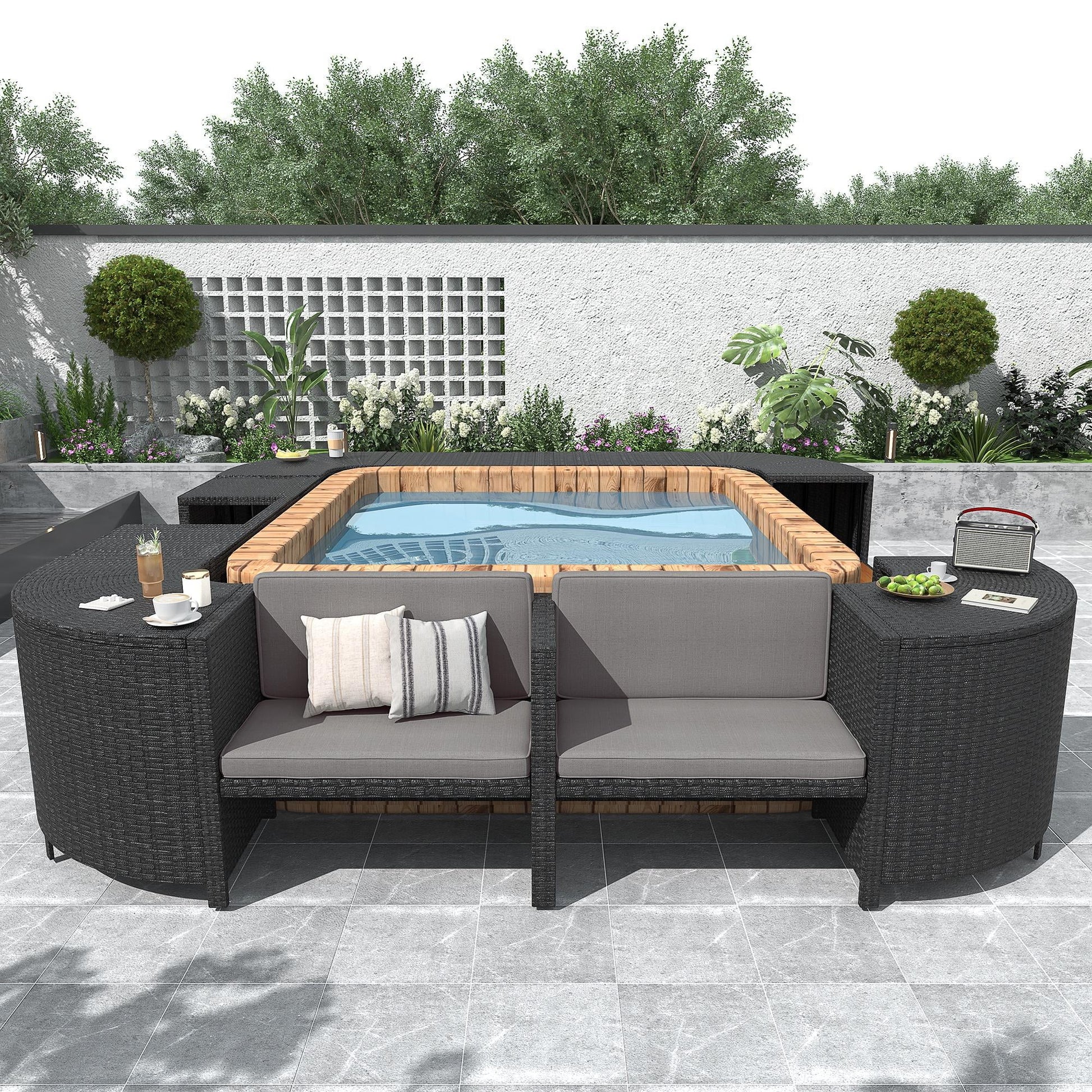 All-Weather Outdoor Spa Surround Furniture Set, Steel, and Rattan, Gray,131.18 Lb