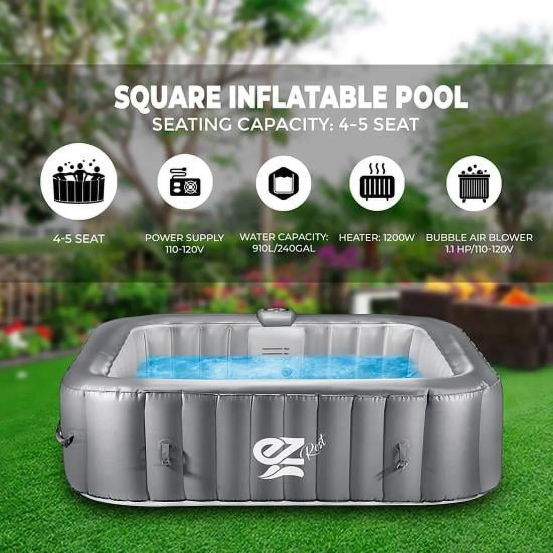 6-Person Square Inflatable Outdoor Spa, Gray