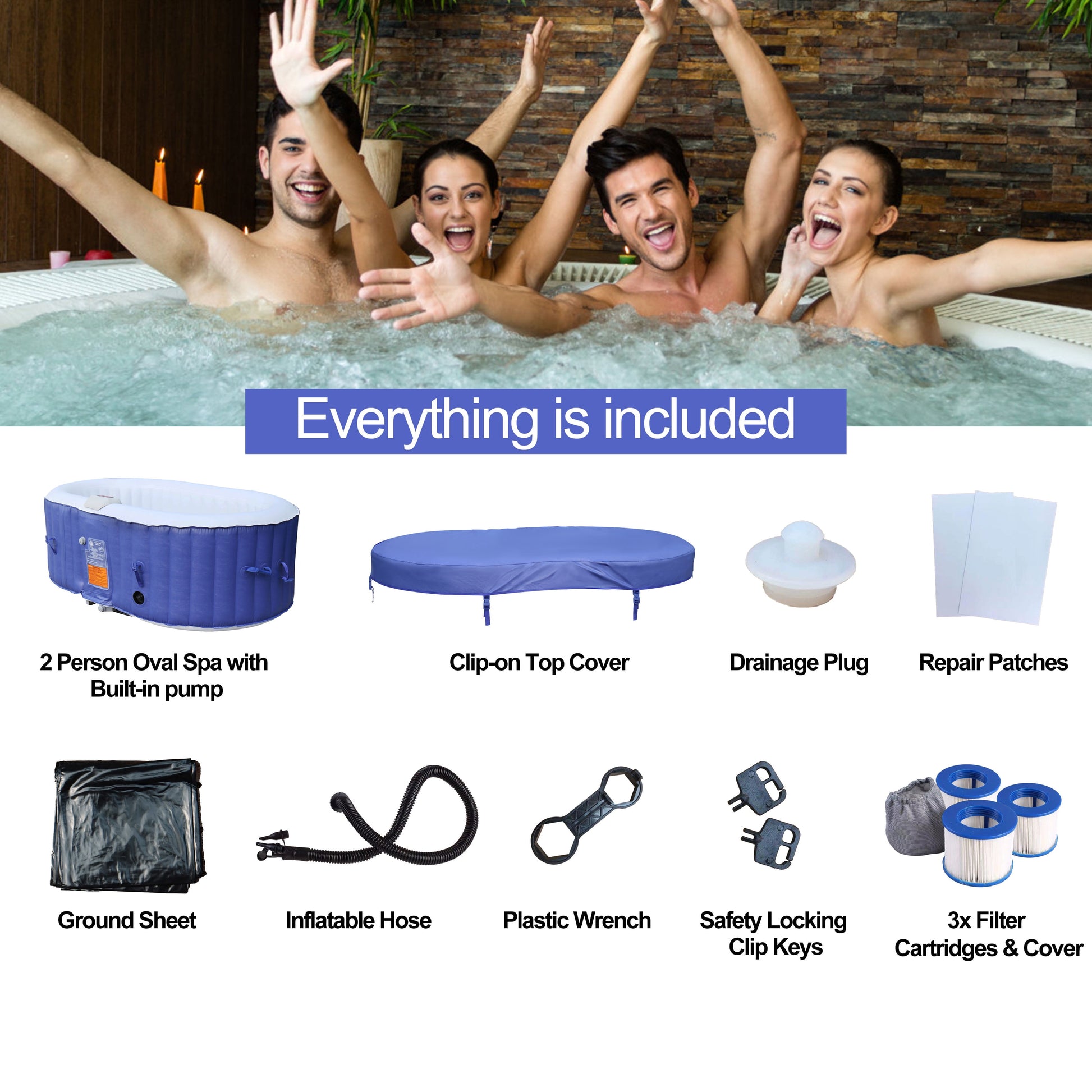 Oval Inflatable Dark Blue 2 Person Hot Tub Spa with Drink Tray and Cover